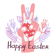Easter symbol. A painted egg in the paws of a white rabbit. The hand holds the Easter egg. Picture of a white hare in the palm of his hand. Stylish vector illustration