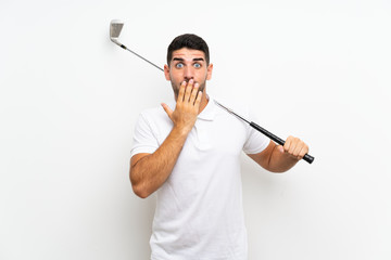 Handsome young golfer player man over isolated white background with surprise facial expression