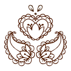 Ethnic mehendi mendi paisley and heart pattern on white background, Valentine day