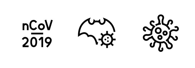 Bat virus causative agent 2019-nCoV. Editable line vector set