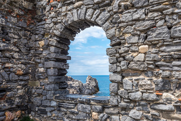 Ligurian coast. View from the old fortress arch in Portovenere town, Italy