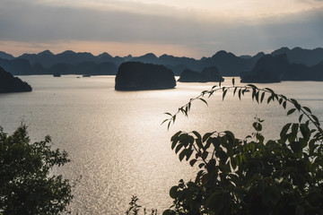 Panoramic view of Ha Long Bay area, a beautiful touristic place with karst mountains in the sea, in Vietnam