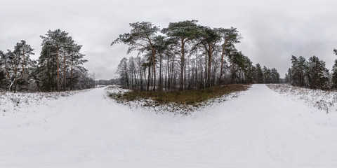Winter full spherical hdri panorama 360 degrees angle view road in a snowy pinery forest with gray...