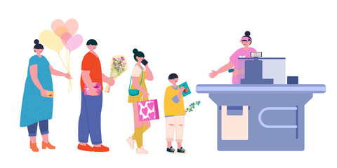 The cashier of the supermarket breaks through shopping to people in line - a man with a gift, a boy with a postcard, a girl with a bag and a woman with balls. Fashionable vector flat illustration