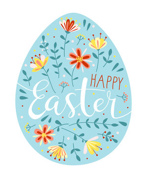 vector easter composition in the shape of an egg with flowers and lettering