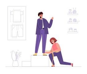 A seamstress woman measuring suit for a man, trousers for a customer, measures fabric with a tape measure, drawings for a tailor on a wall, sewing supplies, and an interior. 