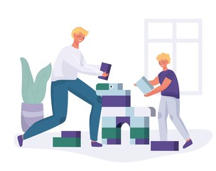 Dad and son are building a constructor elements in the room, family leisure. Parents and children spend time together playing with toys. Vector illustration flat cartoon style.