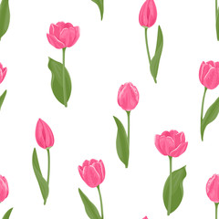 Pink tulips seamless pattern. Spring bright flowers with stems and leaves on a white background. Vector color holiday illustration in cartoon flat style.