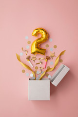 Number 2 birthday balloon celebration gift box lay flat explosion