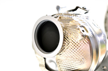 Car catalyst with stee meshl filling, selective focus, focus on steel huusing. Isolated.