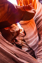 Bands of colored rock on the walls of Antelope Canyon in Arizona, USA.