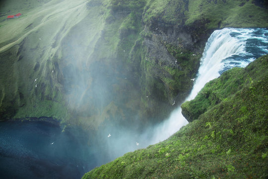 View Of Birds Flying Over Waterfall In Iceland