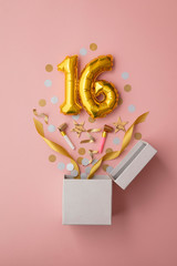 Number 16 birthday balloon celebration gift box lay flat explosion