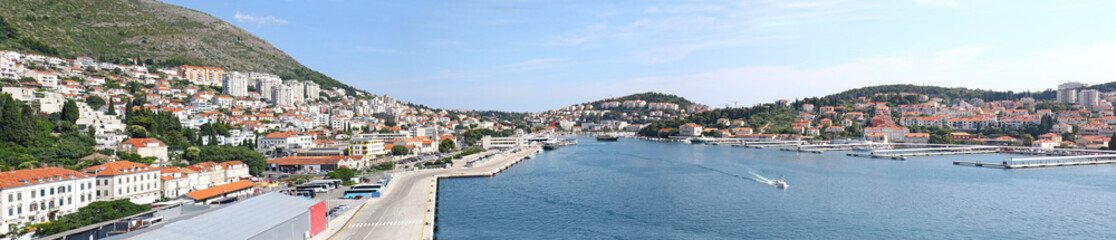 Panoramic view of Cruise Ship Pier. Dubrovnik, Croatia. Turquoise waters of Adriatic Sea.  Entrance to Dubrovnik inner harbour