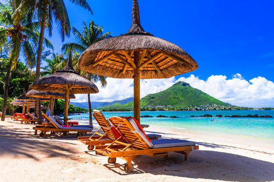 Tropical beach scenery . vacation in paradise island Mauritius, Flic en Flac beach