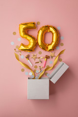 Number 50 birthday balloon celebration gift box lay flat explosion