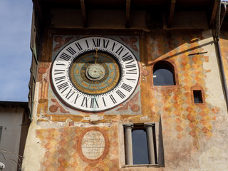 Clusone, Bergamo, Italy. The astronomical or planetary clock made in 1953. Famous attraction of the city. It has been loaded by hand every day for about four hundred years