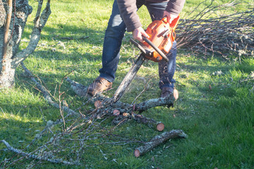 Lumberjack cutting branch on the ground with a chain saw