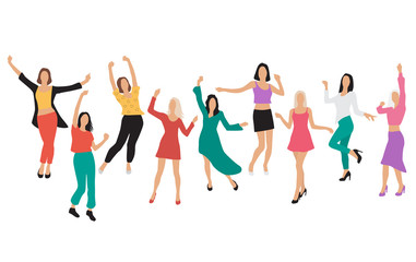 Group of young joyful happy women dancing with their hands up, isolated on a white background. Happy girls in colorful outfits in different poses. Vector illustration in flat cartoon style