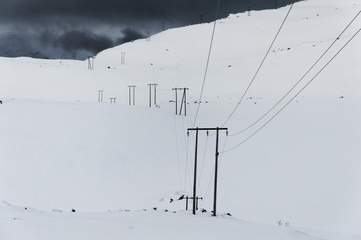 Power line in the Norwegian National Park Hardangervidda.
