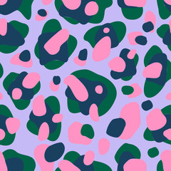 Modern seamless stylized design with jaguar skin in acidic colours. Can be used for printing on paper, stickers, badges, bijouterie, cards, textiles. 