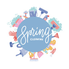 Cleaning service banner template - flat cartoon house cleaning tools and supplies arranged in a circle around ad lettering text.Broom, bottles, bucket, mop, vacuum. Flat hand drawn vector illustration