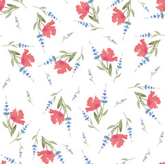 Seamless pattern of watercolor red flowers on a white background. Use for menu, weddings, invitations and birthdays