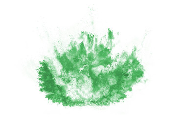 Green powder explosion on white background. Colored cloud. Colorful dust explode. Paint Holi.