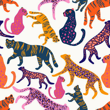 Modern seamless vector tropical colourful pattern with abstract jaguars and tigers on white background. Can be used for printing on paper, stickers, badges, bijouterie, cards, textiles. 