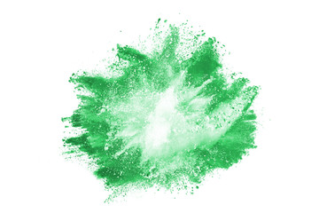 Green powder explosion on white background. Colored cloud. Colorful dust explode. Paint Holi.