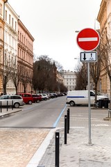 Road sign no entry one-way street in the city of Brno in Czech Republic. Traffic signs. City street.