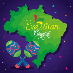 poster of brazilian carnival with map and maracas vector illustration design
