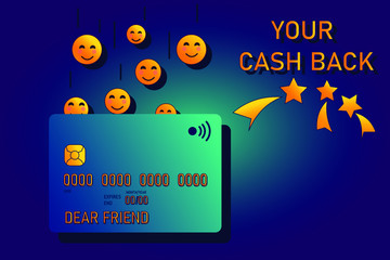 Your cash back debit or credit card with smiling emoticon coins. Template for bank web site or marketing promotion campaign, banner, flyer. Internet shopping money return concept. Flat and gradient.