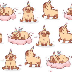  seamless vector pattern withcute cartoon pug dog with unicorn and wings horn sleeping on a cloud