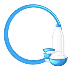 Round blue frame on white background decorated with milk and dairy products. Vector illustration.