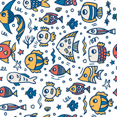Seamless baby pattern with cute fishes.