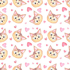Seamless children's watercolor pattern with cat head and pink hearts for lovers, valentines day and girls