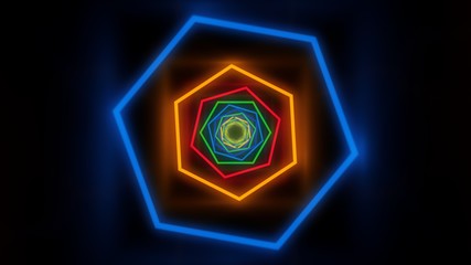 Fly in Moving Hexagon Rainbow Glowing Neon Lights Tunnel Corridor - Abstract Background Texture