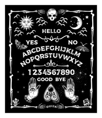 Tablica Ouija z czaszką. Zestaw okultyzmu. Ilustracja wektorowa - 321563112