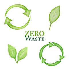 Green Recycled cycle arrows icon and green leaves set. Watercolor hand drawn illustration isolated on white background. Recycled eco zero waste lifestyle. Ecological design concept