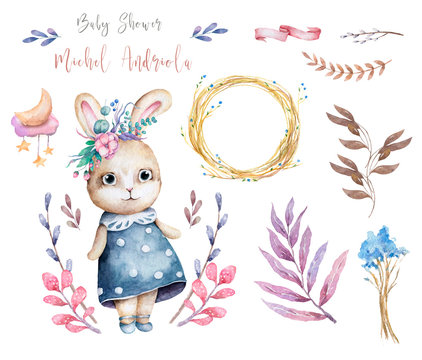 Hand drawn watercolor happy easter set with bunnies design. Rabbit watercolor illustration, isolated boho style on white background Baby shower card