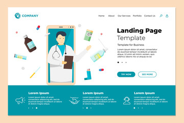 Health care online website landing page design template. Medical internet assistance. Male doctor consultant and medicine pills tablets drugs. Consulting pharmacy service vector illustration