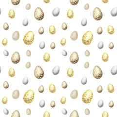 Seamless pattern with Watercolor hand drawn Easter eggs, Fabric texture Illustration. Happy Easter Design concept on a white background for banner, poster, card. Chickens egg