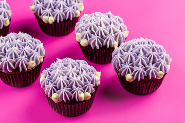 Delicious shawn cupcakes with curd cream in the form of flowers on a pink background.