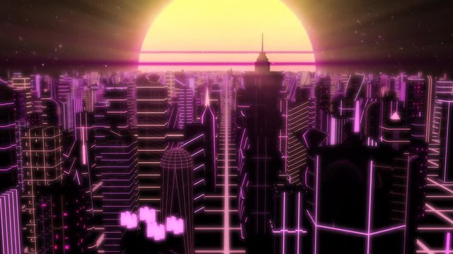 Fly Through Neon City Outrun Synthwave Buildings with 80s Retro Sun - 4K Seamless Loop Motion Background Animation