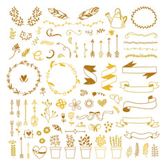 Big vector graphic elements collection. Golden hand drawn illustrations on white background. Plants, botanical doodles, wreaths and ribbons