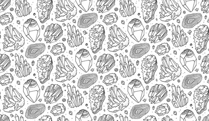 Seamless gem pattern with beautiful crystals. Trendy hipster outline design with minerals and crystals..