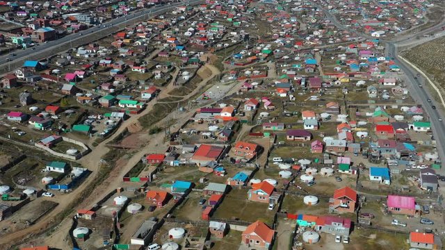 Aerial Mongolia Ulaanbaatar Impoverished Villages September 2019 Sunny Day 4K Mavic Pro  Aerial video of rundown impoverished villages on a hill in Ulaanbaatar Mongolia on a sunny day.