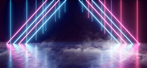 Smoke Fog Neon Lights Lasers Lines Beams Dark Glowing Purple Blue Sci Fi Futuristic Cyber Virtual Stage Podium Catwalk Pantone Hall Party Club Concrete 3D Rendering