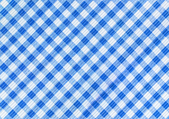 Blue and white abstract checkered fabric texture with diagonal pattern, tablecloth background